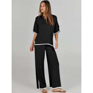 ANRABESS Two Piece Outfits for Women 2024 Fashion Short Sleeve Tops Wide Leg Pants Trendy Knit Sweat...