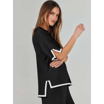 ANRABESS Two Piece Outfits for Women 2024 Fashion Short Sleeve Tops Wide Leg Pants Trendy Knit Sweater Lounge Clothes Sets Black Small