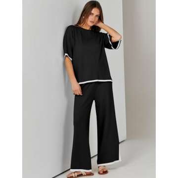 ANRABESS Two Piece Outfits for Women 2024 Fashion Short Sleeve Tops Wide Leg Pants Trendy Knit Sweater Lounge Clothes Sets Black Small