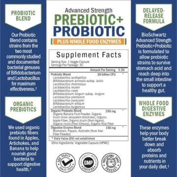 Prebiotics and Probiotic with Whole Food Enzymes for Adults Women & Men - Probiotics Lactobacillus Acidophilus - Digestive Health Capsules Shelf Stable Supplement - Non-GMO Gluten & Dairy Free -30ct