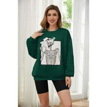Meladyan Halloween Skull Graphic Print Fleece Oversized Sweatshirt Crewneck Long Sleeve Drop Shoulde...
