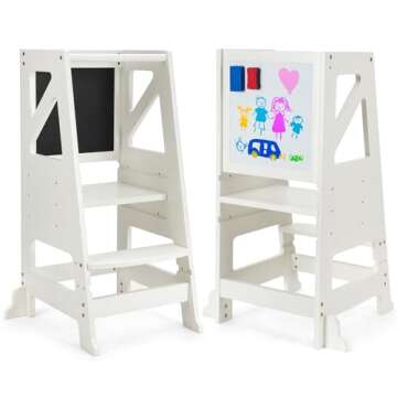 Toddler Kitchen Step Stool Toddler Standing Tower Toddler Step Stool Toddler Tower with Message Boards Safty Rail-Adjustable Kids Kitchen Step Stool for Kitchen Counter Bathroom Sink (Beige)