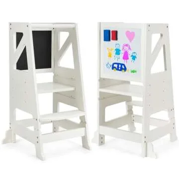 Toddler Kitchen Step Stool Toddler Standing Tower Toddler Step Stool Toddler Tower with Message Boards Safty Rail-Adjustable Kids Kitchen Step Stool for Kitchen Counter Bathroom Sink (Beige)