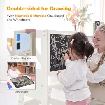 Toddler Kitchen Step Stool Toddler Standing Tower Toddler Step Stool Toddler Tower with Message Boards Safty Rail-Adjustable Kids Kitchen Step Stool for Kitchen Counter Bathroom Sink (Beige)