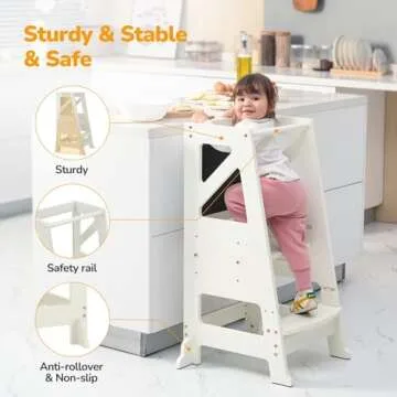 Toddler Kitchen Step Stool Toddler Standing Tower Toddler Step Stool Toddler Tower with Message Boards Safty Rail-Adjustable Kids Kitchen Step Stool for Kitchen Counter Bathroom Sink (Beige)