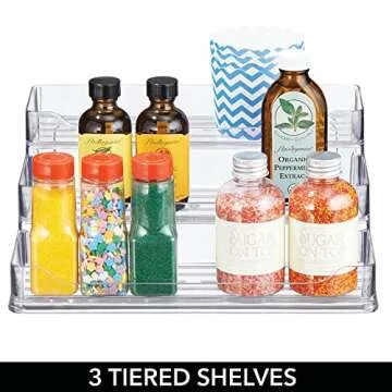 mDesign Plastic Kitchen 3-Tier Spice Rack Holder, Storage Organizer for Cabinet, Counter, Pantry, Shelf, Hold Spices, Seasoning, Jars, Canned Food, Appliances - Ligne Collection - Clear