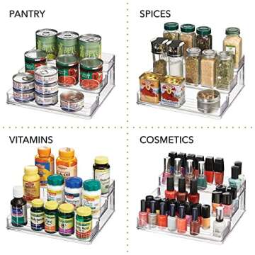 mDesign Plastic Kitchen 3-Tier Spice Rack Holder, Storage Organizer for Cabinet, Counter, Pantry, Shelf, Hold Spices, Seasoning, Jars, Canned Food, Appliances - Ligne Collection - Clear