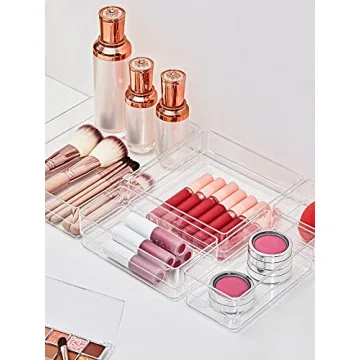 SMARTAKE 16-Piece Drawer Organizer with Non-Slip Silicone Pads, 5-Size Desk Storage Tray for Makeup, Jewelries, Utensils in Bedroom Dresser, Office and Kitchen, Clear