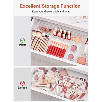 SMARTAKE 16-Piece Drawer Organizer with Non-Slip Silicone Pads, 5-Size Desk Storage Tray for Makeup, Jewelries, Utensils in Bedroom Dresser, Office and Kitchen, Clear
