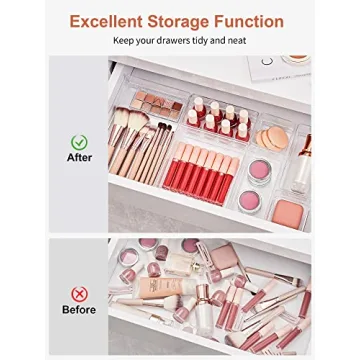 SMARTAKE 16-Piece Drawer Organizer with Non-Slip Silicone Pads, 5-Size Desk Storage Tray for Makeup, Jewelries, Utensils in Bedroom Dresser, Office and Kitchen, Clear