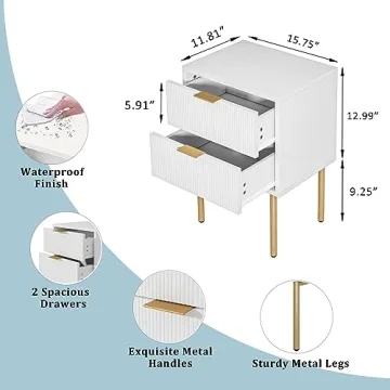 Masupu Nightstand with 2 Storage Drawers in White and Gold