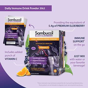 Sambucol Black Elderberry Drink Powder - Daily Immune Black Elderberry Powder with Vitamin C, Vegan Friendly, Sugar Free, Delicious Berry Taste - 30 Count