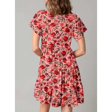 Dokotoo Casual Dresses for Women Sexy V Neck Flowy Short Sleeve Spring Dresses for Women Bohemian Mini Dress Summer Sundresses 2025 Red Large