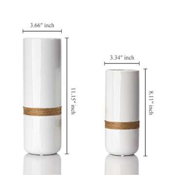 Jasius White Flower Vase Set - Elegant White Vases for Decor with Rustic Boho Rope Accent, Non-Scratch Base - Decorative Minimalist Vases for Flowers, Home, Office, Living Room, Kitchen - 2-Piece