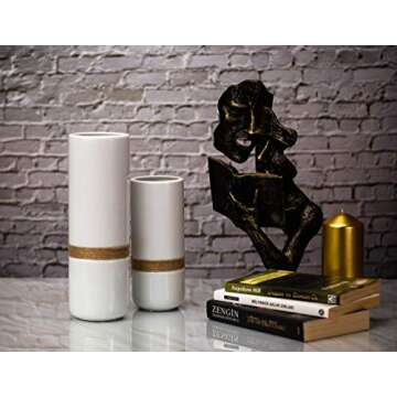 Jasius White Flower Vase Set - Elegant White Vases for Decor with Rustic Boho Rope Accent, Non-Scratch Base - Decorative Minimalist Vases for Flowers, Home, Office, Living Room, Kitchen - 2-Piece