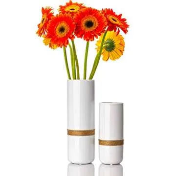 Jasius White Flower Vase Set - Elegant White Vases for Decor with Rustic Boho Rope Accent, Non-Scratch Base - Decorative Minimalist Vases for Flowers, Home, Office, Living Room, Kitchen - 2-Piece