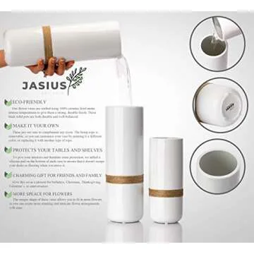 Jasius White Flower Vase Set - Elegant White Vases for Decor with Rustic Boho Rope Accent, Non-Scratch Base - Decorative Minimalist Vases for Flowers, Home, Office, Living Room, Kitchen - 2-Piece