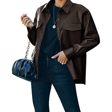 FERNGIRL Womens Button Front Faux PU Leather Jacket Shacket Casual Shirt Long Sleeve Blazer Coat wit...