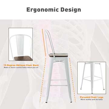 mecor Metal Bar Stools Set of 4 w/Removable Backrest, 30'' Dining Counter Height Chairs with Wood Seat for Outdoor Patio, (Silver)