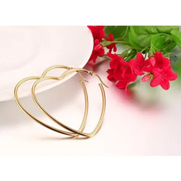 MengPa Hoop Earrings for Women Black Gold Plated Loops Drop Earring Fashion Jewelry (Heart-Gold-38mm) G3298G
