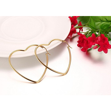 MengPa Hoop Earrings for Women Black Gold Plated Loops Drop Earring Fashion Jewelry (Heart-Gold-38mm) G3298G