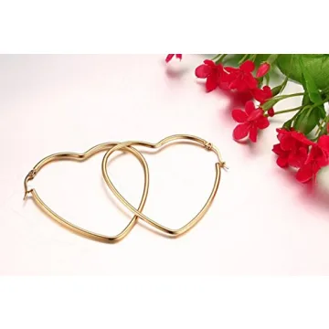 MengPa Hoop Earrings for Women Black Gold Plated Loops Drop Earring Fashion Jewelry (Heart-Gold-38mm) G3298G