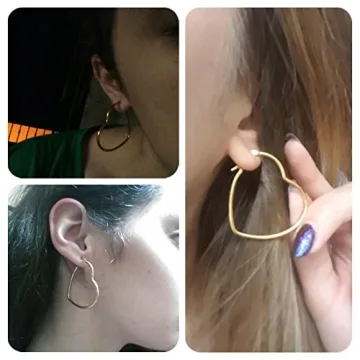 MengPa Hoop Earrings for Women Black Gold Plated Loops Drop Earring Fashion Jewelry (Heart-Gold-38mm) G3298G