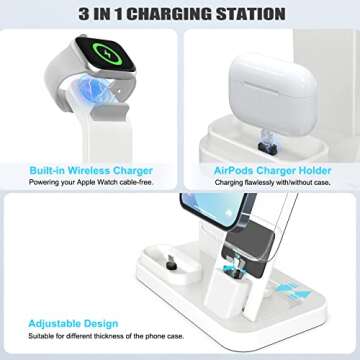3 in 1 Charging Station for Apple Products, Removable Charging Stand for iPhone Series AirPods Pro/3/2/1, Charging Dock for Apple Watch SE/Ultra/8/7/6/5/4/3/2/1(with 15W Adapter and Cable)(White)