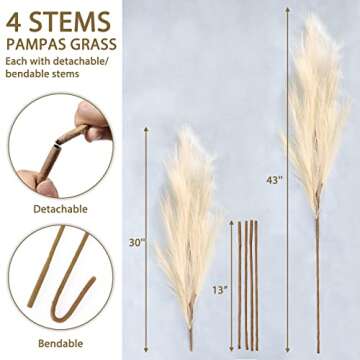 JPSOR Faux Pampas Grass Tall 4PCS 43"/3.6FT Large Artificial Pompous Branches for Floor Vase Fillers Fake Flowers, Fluffy Grass for Home Farmhouse Boho Wedding Decor (Beige)