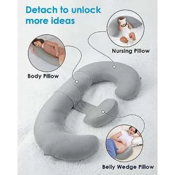 QUEEN ROSE Cooling Pregnancy Pillows, E Shaped Maternity Pillow for Sleeping, with Extra Wedge Pillow for Belly Support, 55 Inch Detachable Body Pillow, Breathable Cover, Grey
