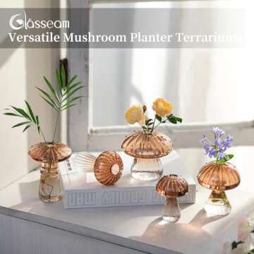 Glasseam Amber Glass Mushroom Vase: Cute Small Flower Vase Set of 5 Unique Mini Bud Vases for Centerpieces Decorative Vases for Flowers Funky Plant Vase Decor