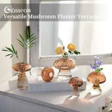 Glasseam Amber Glass Mushroom Vase: Cute Small Flower Vase Set of 5 Unique Mini Bud Vases for Centerpieces Decorative Vases for Flowers Funky Plant Vase Decor