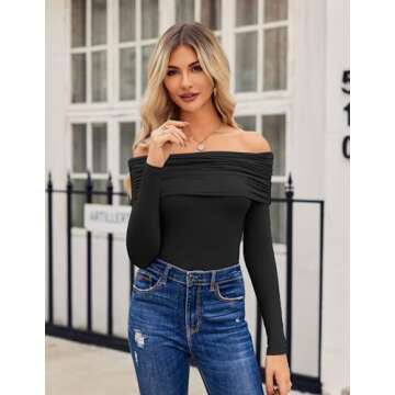 HOTOUCH Black Blouses for Women Sexy Off The Shoulder Tops Y2K Long Sleeves Small Fitted Blouse Spri...