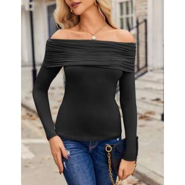 HOTOUCH Black Blouses for Women Sexy Off The Shoulder Tops Y2K Long Sleeves Small Fitted Blouse Spring Clothes Sexy Tops for Women Date Night Club Black S