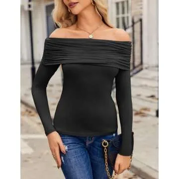 HOTOUCH Black Blouses for Women Sexy Off The Shoulder Tops Y2K Long Sleeves Small Fitted Blouse Spring Clothes Sexy Tops for Women Date Night Club Black S