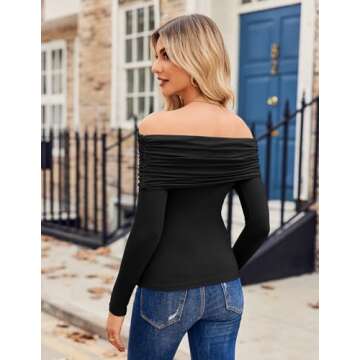 HOTOUCH Black Blouses for Women Sexy Off The Shoulder Tops Y2K Long Sleeves Small Fitted Blouse Spring Clothes Sexy Tops for Women Date Night Club Black S