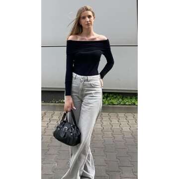 HOTOUCH Black Blouses for Women Sexy Off The Shoulder Tops Y2K Long Sleeves Small Fitted Blouse Spring Clothes Sexy Tops for Women Date Night Club Black S