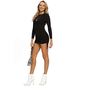 YIGC Ruched Bodycon Dress for Women Sexy Crew Neck Mini Dress Rib-Knit Club Party Tank Dress with Drawstring on Sides