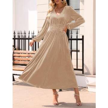 ZESICA Women's Velvet Midi Dress Casual V Neck Long Sleeve Solid Color Elastic High Waist Flowy Evening Party Dresses,Champagne,Small