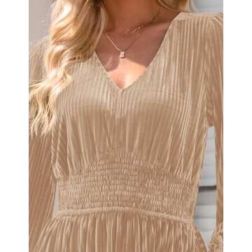 ZESICA Women's Velvet Midi Dress Casual V Neck Long Sleeve Solid Color Elastic High Waist Flowy Evening Party Dresses,Champagne,Small