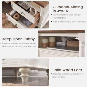 T4TREAM 24'' Farmhouse End Table w/4 Solid Wood Feet, Large 2 Drawers Wide Sofa Side Table with Charging Station, Tall Rustic Wood Square Nightstand for Living Room, Bedroom, Office, Antique White