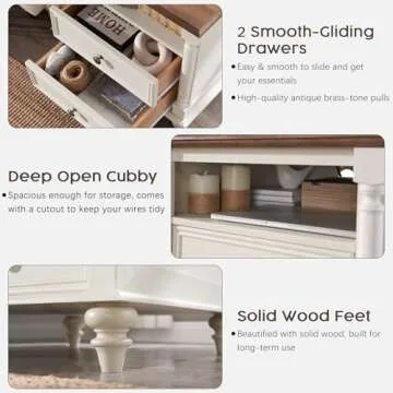 T4TREAM 24'' Farmhouse End Table w/4 Solid Wood Feet, Large 2 Drawers Wide Sofa Side Table with Charging Station, Tall Rustic Wood Square Nightstand for Living Room, Bedroom, Office, Antique White