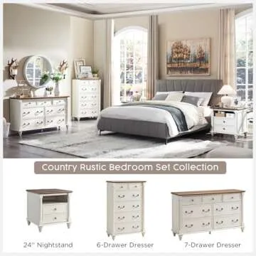 T4TREAM 24'' Farmhouse End Table w/4 Solid Wood Feet, Large 2 Drawers Wide Sofa Side Table with Charging Station, Tall Rustic Wood Square Nightstand for Living Room, Bedroom, Office, Antique White