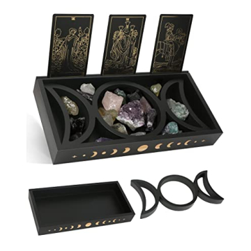 Crystal Tray for Stones, Triple Moon Crystal Holder Box, 3 Tarot Card Stand for Daily Affirmation Ca...