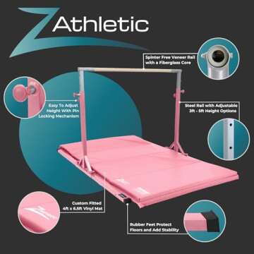 Z ATHLETIC Flyaway Duo Adjustable Horizontal Bar and 4 Ft x 6 Ft Gymnastics Mat, Pink