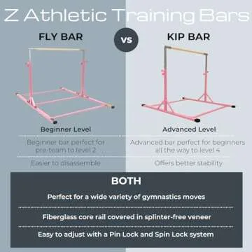 Z ATHLETIC Flyaway Duo Adjustable Horizontal Bar and 4 Ft x 6 Ft Gymnastics Mat, Pink