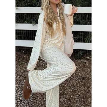 Women 2 Piece Floral Pajamas Lounge Set Sweet Strawberry Long Sleeve Shirt+Wide Leg Palazzo Pants Lo...
