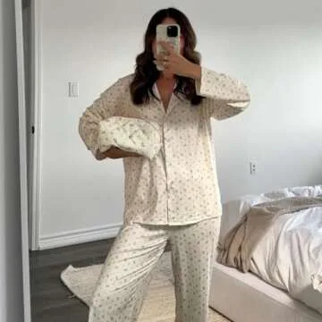 Women 2 Piece Floral Pajamas Lounge Set Sweet Strawberry Long Sleeve Shirt+Wide Leg Palazzo Pants Loungewear(B Floral Beige White,Small