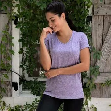 Real Essentials Womens V Neck T-Shirt Ladies Yoga Top Athletic Tees Active Wear Gym Workout Zumba Exercise Running Essentials Quick Dry Fit Dri Fit Moisture Wicking Basic Clothes, Set 9, S, Pack of 5