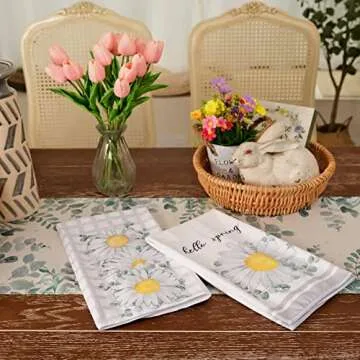 GEEORY Spring Kitchen Towels for Spring Decor White Daisy Dish Towels 18 x 26 Inch Ultra Absorbent Bar Drying Cloth Hello Spring Hand Towel for Kitchen Bathroom Party Home Decorations Set of 2